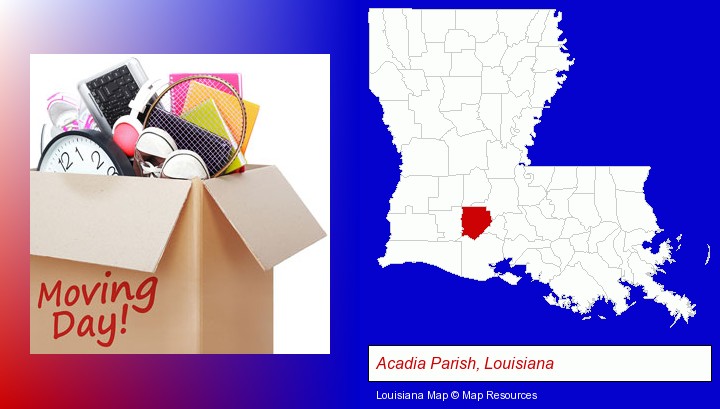moving day; Acadia Parish, Louisiana highlighted in red on a map