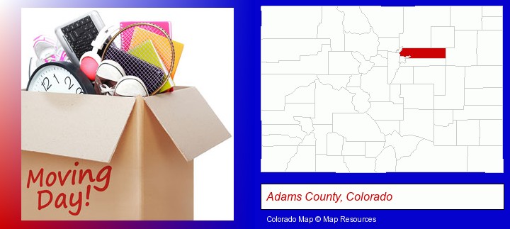 moving day; Adams County, Colorado highlighted in red on a map