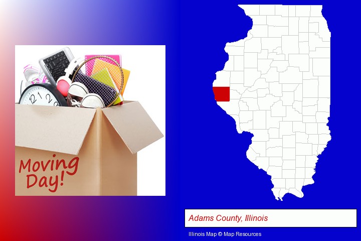moving day; Adams County, Illinois highlighted in red on a map