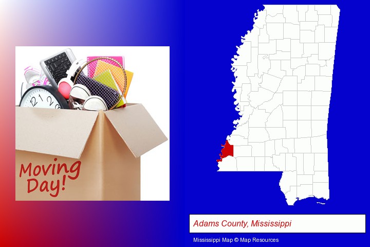 moving day; Adams County, Mississippi highlighted in red on a map