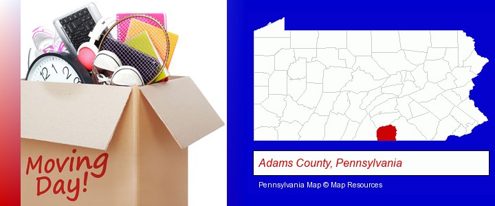 moving day; Adams County, Pennsylvania highlighted in red on a map