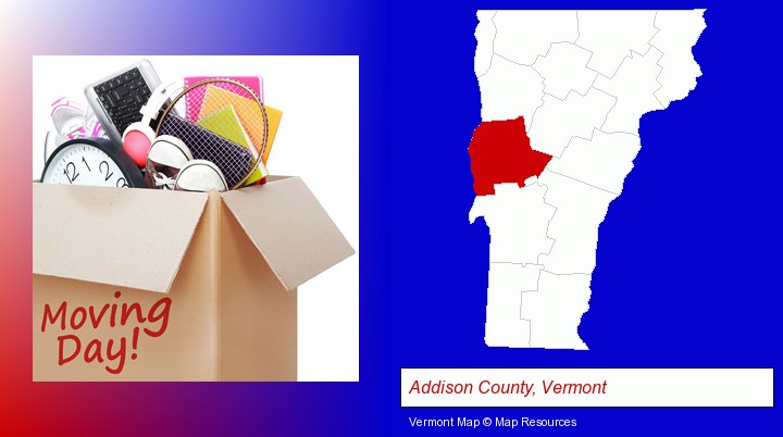 moving day; Addison County, Vermont highlighted in red on a map