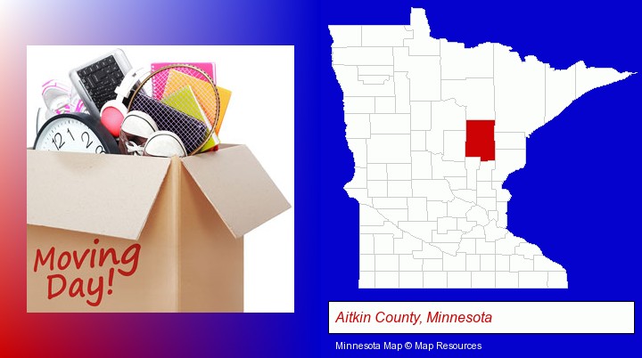 moving day; Aitkin County, Minnesota highlighted in red on a map