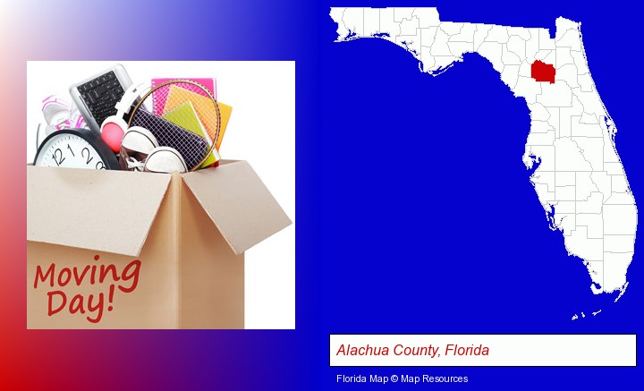 moving day; Alachua County, Florida highlighted in red on a map