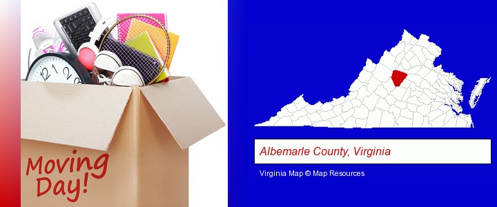moving day; Albemarle County, Virginia highlighted in red on a map