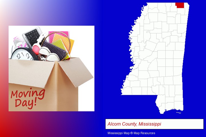 moving day; Alcorn County, Mississippi highlighted in red on a map