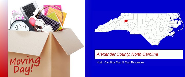 moving day; Alexander County, North Carolina highlighted in red on a map