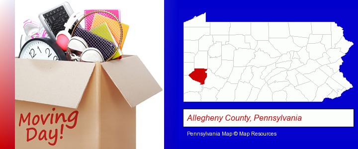 moving day; Allegheny County, Pennsylvania highlighted in red on a map