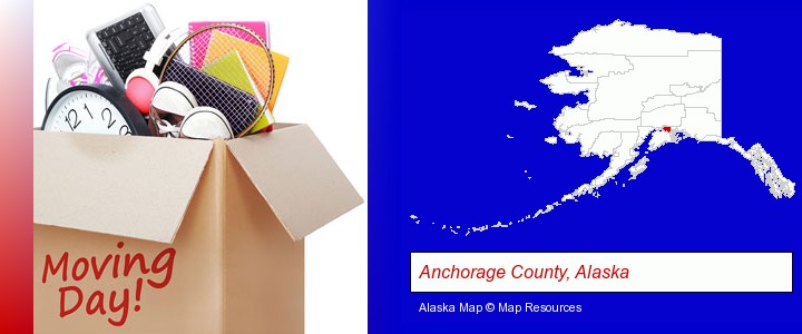 moving day; Anchorage County, Alaska highlighted in red on a map
