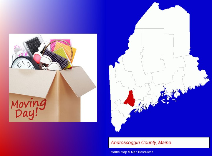 moving day; Androscoggin County, Maine highlighted in red on a map