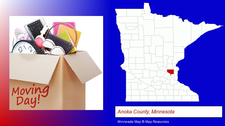 moving day; Anoka County, Minnesota highlighted in red on a map