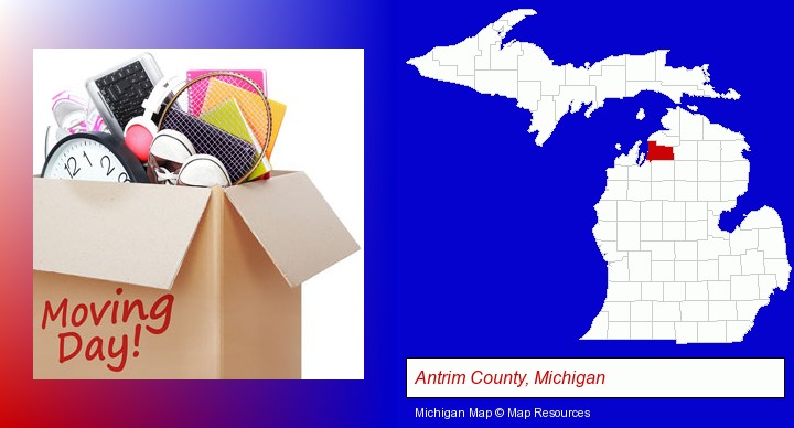 moving day; Antrim County, Michigan highlighted in red on a map