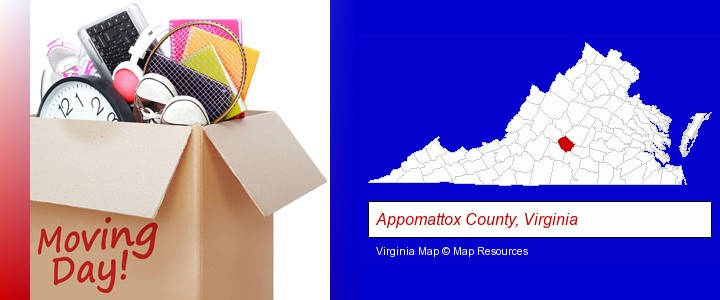 moving day; Appomattox County, Virginia highlighted in red on a map