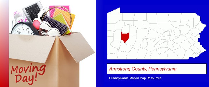 moving day; Armstrong County, Pennsylvania highlighted in red on a map