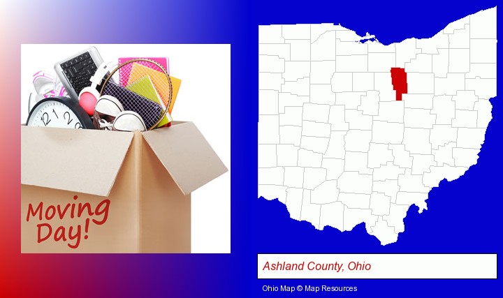 moving day; Ashland County, Ohio highlighted in red on a map