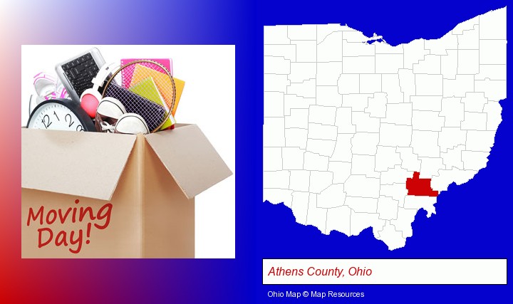 moving day; Athens County, Ohio highlighted in red on a map
