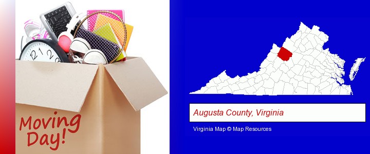 moving day; Augusta County, Virginia highlighted in red on a map
