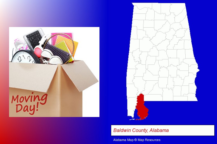 moving day; Baldwin County, Alabama highlighted in red on a map