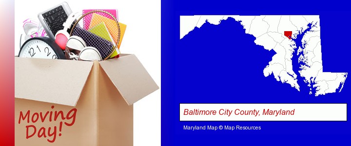 moving day; Baltimore City County, Maryland highlighted in red on a map