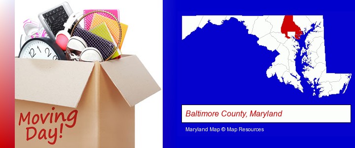 moving day; Baltimore County, Maryland highlighted in red on a map