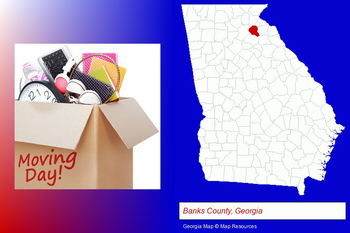 moving day; Banks County, Georgia highlighted in red on a map