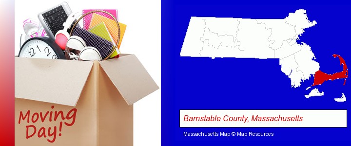 moving day; Barnstable County, Massachusetts highlighted in red on a map