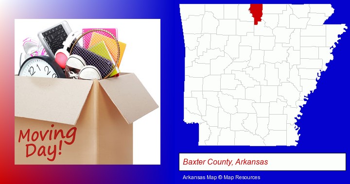 moving day; Baxter County, Arkansas highlighted in red on a map