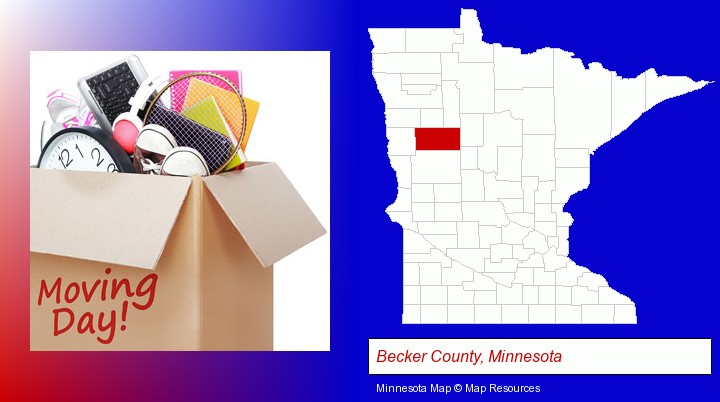moving day; Becker County, Minnesota highlighted in red on a map