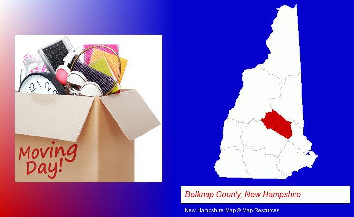 moving day; Belknap County, New Hampshire highlighted in red on a map