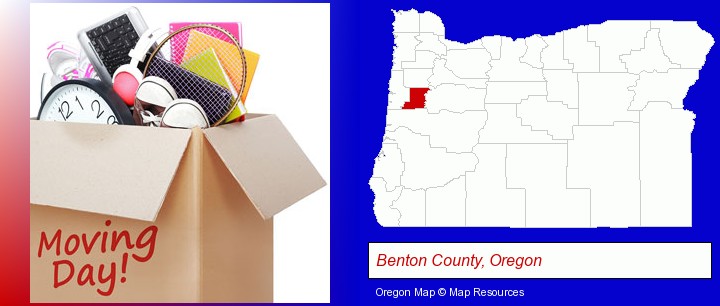 moving day; Benton County, Oregon highlighted in red on a map