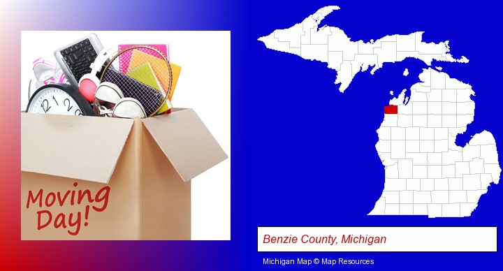moving day; Benzie County, Michigan highlighted in red on a map