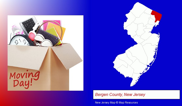 moving day; Bergen County, New Jersey highlighted in red on a map