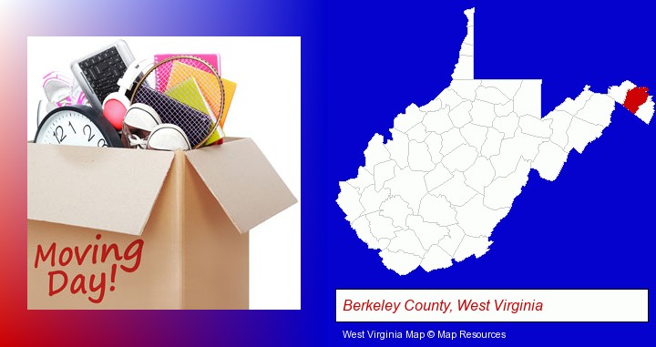moving day; Berkeley County, West Virginia highlighted in red on a map