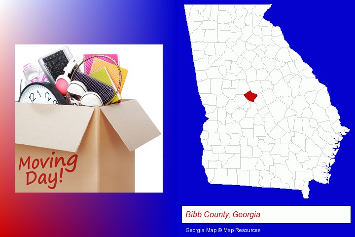 moving day; Bibb County, Georgia highlighted in red on a map