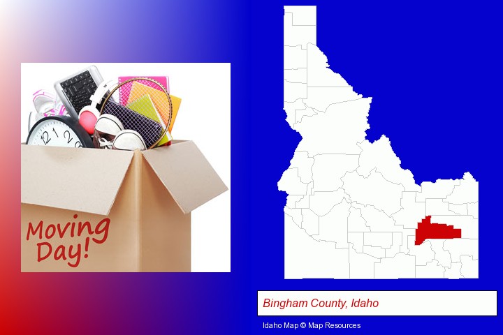 moving day; Bingham County, Idaho highlighted in red on a map