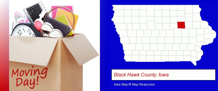 moving day; Black Hawk County, Iowa highlighted in red on a map