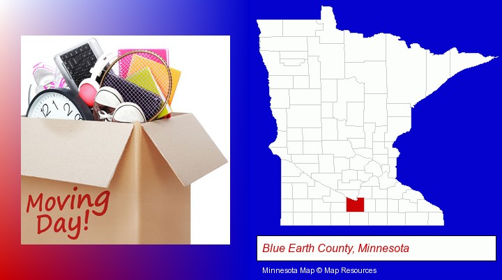moving day; Blue Earth County, Minnesota highlighted in red on a map