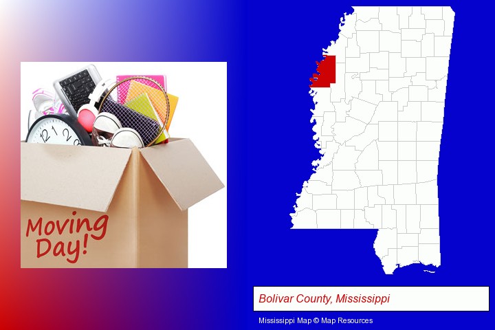 moving day; Bolivar County, Mississippi highlighted in red on a map