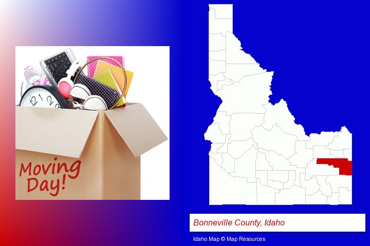 moving day; Bonneville County, Idaho highlighted in red on a map