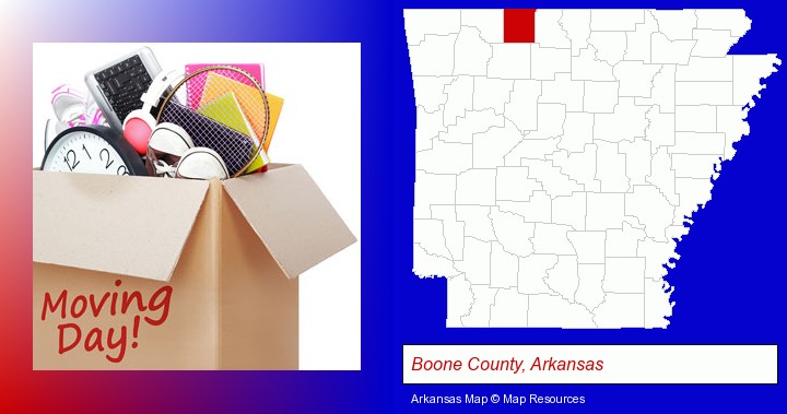 moving day; Boone County, Arkansas highlighted in red on a map