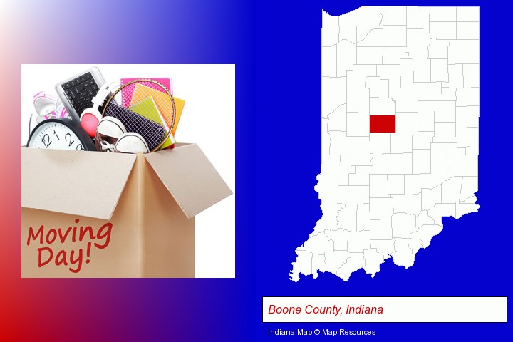 moving day; Boone County, Indiana highlighted in red on a map