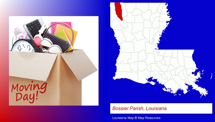 moving day; Bossier Parish, Louisiana highlighted in red on a map