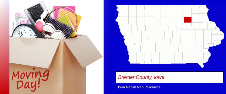 moving day; Bremer County, Iowa highlighted in red on a map