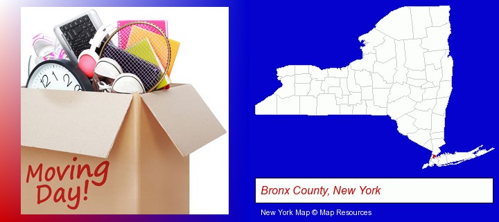 moving day; Bronx County, New York highlighted in red on a map