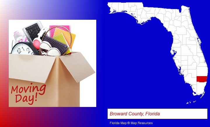moving day; Broward County, Florida highlighted in red on a map