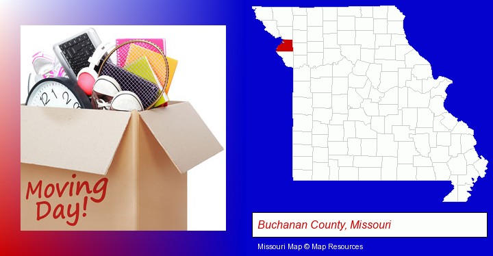 moving day; Buchanan County, Missouri highlighted in red on a map