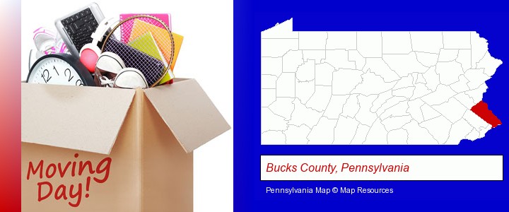 moving day; Bucks County, Pennsylvania highlighted in red on a map
