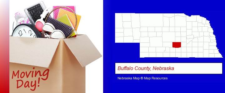 moving day; Buffalo County, Nebraska highlighted in red on a map