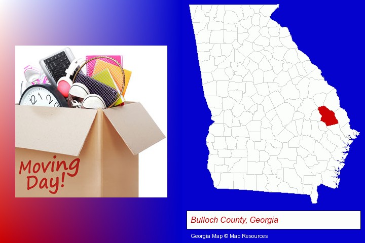 moving day; Bulloch County, Georgia highlighted in red on a map