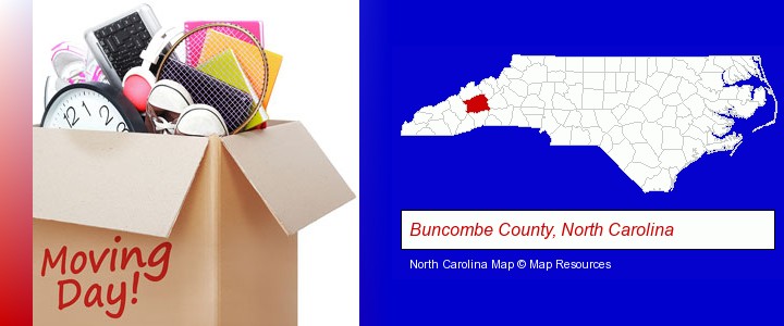 moving day; Buncombe County, North Carolina highlighted in red on a map